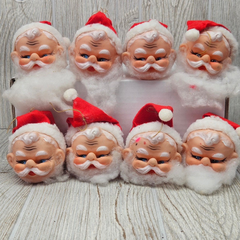 8 Vintage Rubber Face Santa Claus Head Ornaments Mid Century Red Felt Hat Craft